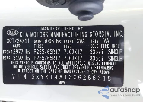 2012 Kia Sorento Lx from USA, damaged, VIN 5XYKT4A13CG266318